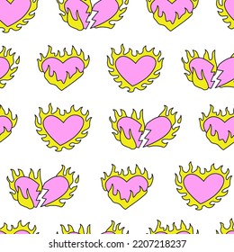 Seamless background with flaming hearts. Vector background in 90s, 00s, y2k style