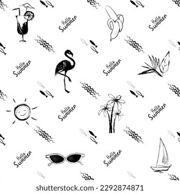 Seamless background with flamingos, palm trees, summer symbols, black and white sketch. Hand drawing, vector