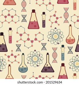 Seamless background with flasks, dna, molecules and atoms