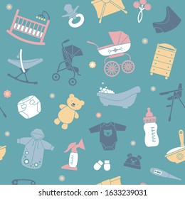 Seamless background with flat baby care symbols. Vector pattern