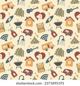 Seamless background of flat camping and outdoor recreation symbols. Vector pattern
