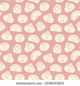 Seamless background with flat Chinese kawaii dumplings. Xiao Long Bao, Siu Mai, Baozi