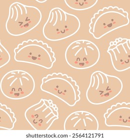 Seamless background with flat Chinese kawaii dumplings. 