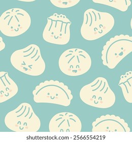 Seamless background with flat Chinese kawaii dumplings. Xiao Long Bao, Siu Mai, Baozi