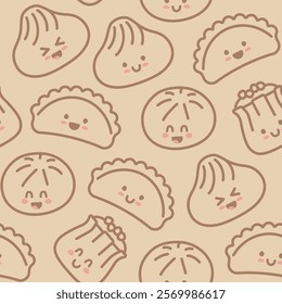 Seamless background with flat Chinese kawaii dumplings. Xiao Long Bao, Siu Mai, Baozi