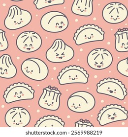 Seamless background with flat Chinese kawaii dumplings. Xiao Long Bao, Siu Mai, Baozi