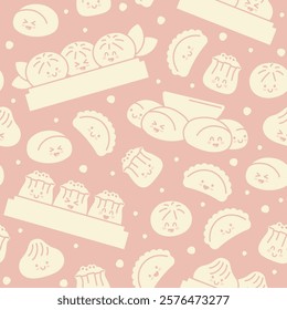 Seamless background with flat Chinese kawaii dumplings. Xiao Long Bao, Siu Mai, Baozi