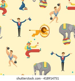 Seamless background flat circus pattern with description of animals and circus artist on the scene show tricks vector illustration 