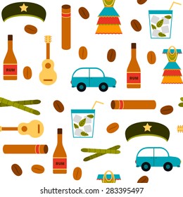 Seamless background with flat colorful objects on Cuba theme with rum, coctail Cuba Libre, old car, sugar cane, coffee, guitar, cigar, national woman's dress and famous hat of Che for your cuban