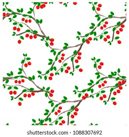 Seamless background flat design red cherry, green leafs on white stock vector illustration