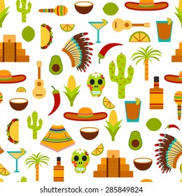 Seamless  background with flat objects s on Mexica theme: sombrero, poncho, tequila, coctails, taco, skull, guitar, pyramid, avocado, lemon, chilli pepper, cactus, injun hat, palm. Travel concept