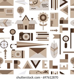 Seamless background with flat style travel icons, can be used for summer camp,  vector illustration