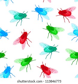 Seamless background with flies unreal colors. Vector illustration.
