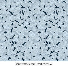 A seamless background with flight of birds and pixel sea.
