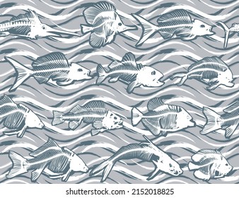 Seamless background with flock of skeleton fishes.

