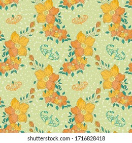 Seamless background floral, colorful, light. Drawing flowers and crowns. Endless texture for spring, summer design, decor, postcards, posters, invitations, advertising, bed linen.
