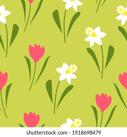   seamless background floral with flowers of spring ,tulips and daffodils,vector