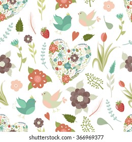 Seamless background with floral hearts, lovely birds, branches, flowers, leaves, strawberries for your design