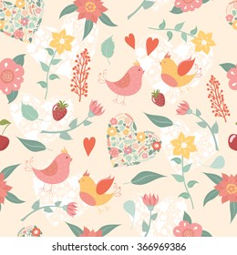 Seamless background with floral hearts, lovely birds, branches, flowers, leaves, strawberries for your design