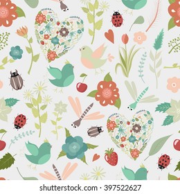 Seamless background with floral hearts, lovely birds, branches, flowers, leaves, strawberries and insects for your design