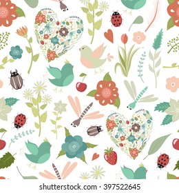 Seamless background with floral hearts, lovely birds, branches, flowers, leaves, strawberries and insects for your design