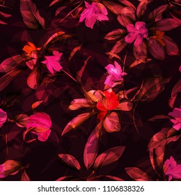 Seamless background floral illustration of tropical leaves with flowers on dark red. Hand drawn pattern, watercolor. Vector - stock.