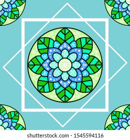 seamless background with floral mandala patterns, colorful tile illustrations.