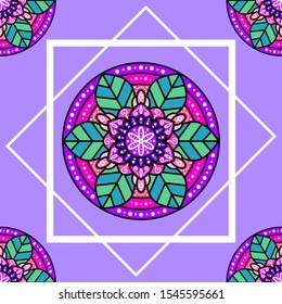 seamless background with floral mandala patterns, colorful tile illustrations.