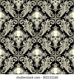 Seamless background from a floral ornament with skulls and cross, Fashionable modern wallpaper or textile