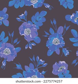 Seamless background with floral ornament. Vector illustration for packaging, wrapping, fabric design. Seamless pattern with blue flowers on a dark background.