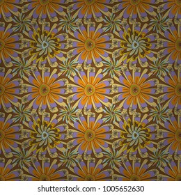 Seamless background floral pattern. Abstract flowers in brown, violet and yellow colors. Vector illustration.