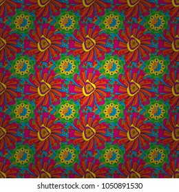 Seamless background floral pattern. Abstract flowers in magenta, blue and orange colors. Vector illustration.