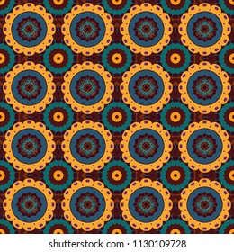 Seamless background floral pattern. Abstract flowers in blue, yellow and brown colors. Vector illustration.