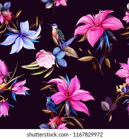 Seamless background floral pattern. Abstract flowers with bird halcyon around on black. Pattern for textile, fabric and other prints purpose. Abstract hand drawn artwork, vector - stock.