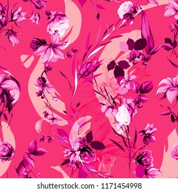 Seamless background floral pattern. Abstract flowers, roses, branches with leaves on red. Pattern for textile, fabric and other prints purpose. Abstract hand drawn artwork, vector - stock. Seamless background floral pattern. Abstract flowers, roses, branches with leaves on red. Pattern for textile, fabric and other prints purpose. Abstract hand drawn artwork, vector - stock.