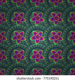 Seamless background floral pattern. Abstract flowers in green, purple and blue colors. Vector illustration.