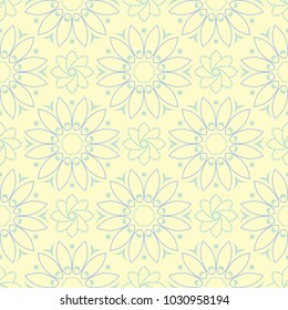 Seamless background with floral pattern. Beige background with light blue and green flower elements for wallpapers, textile and fabrics
