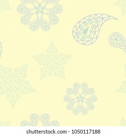 Seamless background with floral pattern. Beige background with light blue and green flower elements for wallpapers, textile and fabrics
