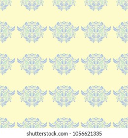 Seamless background with floral pattern. Beige background with light blue and green flower elements for wallpapers, textile and fabrics
