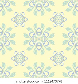 Seamless background with floral pattern. Beige background with light blue and green flower elements for wallpapers, textile and fabrics