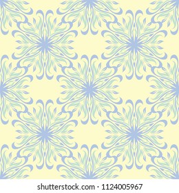 Seamless background with floral pattern. Beige background with light blue and green flower elements for wallpapers, textile and fabrics