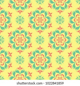 Seamless background with floral pattern. Bright yellow, pink and blue background for wallpapers, textile and fabrics