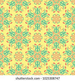 Seamless background with floral pattern. Bright yellow, pink and blue background for wallpapers, textile and fabrics