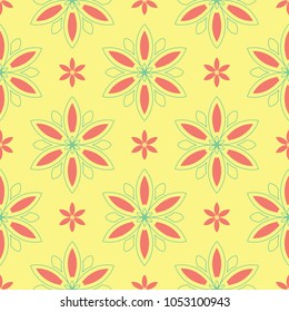Seamless background with floral pattern. Bright yellow, pink and blue background for wallpapers, textile and fabrics