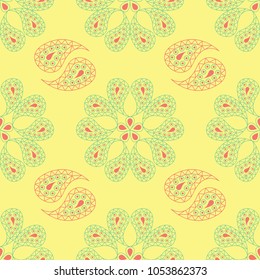 Seamless background with floral pattern. Bright yellow, pink and blue background for wallpapers, textile and fabrics