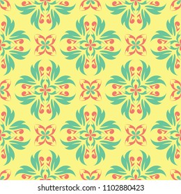 Seamless background with floral pattern. Bright yellow, pink and blue background for wallpapers, textile and fabrics