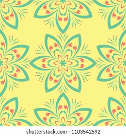 Seamless background with floral pattern. Bright yellow, pink and blue background for wallpapers, textile and fabrics
