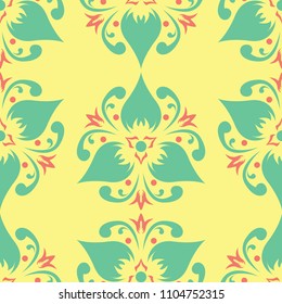 Seamless background with floral pattern. Bright yellow, pink and blue background for wallpapers, textile and fabrics