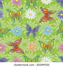 Seamless background, floral pattern, colorful butterflies and flowers. Vector