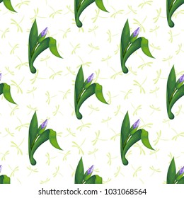 Seamless background with floral pattern. Dragonflies on backdrop. Buds of iris flowers. 